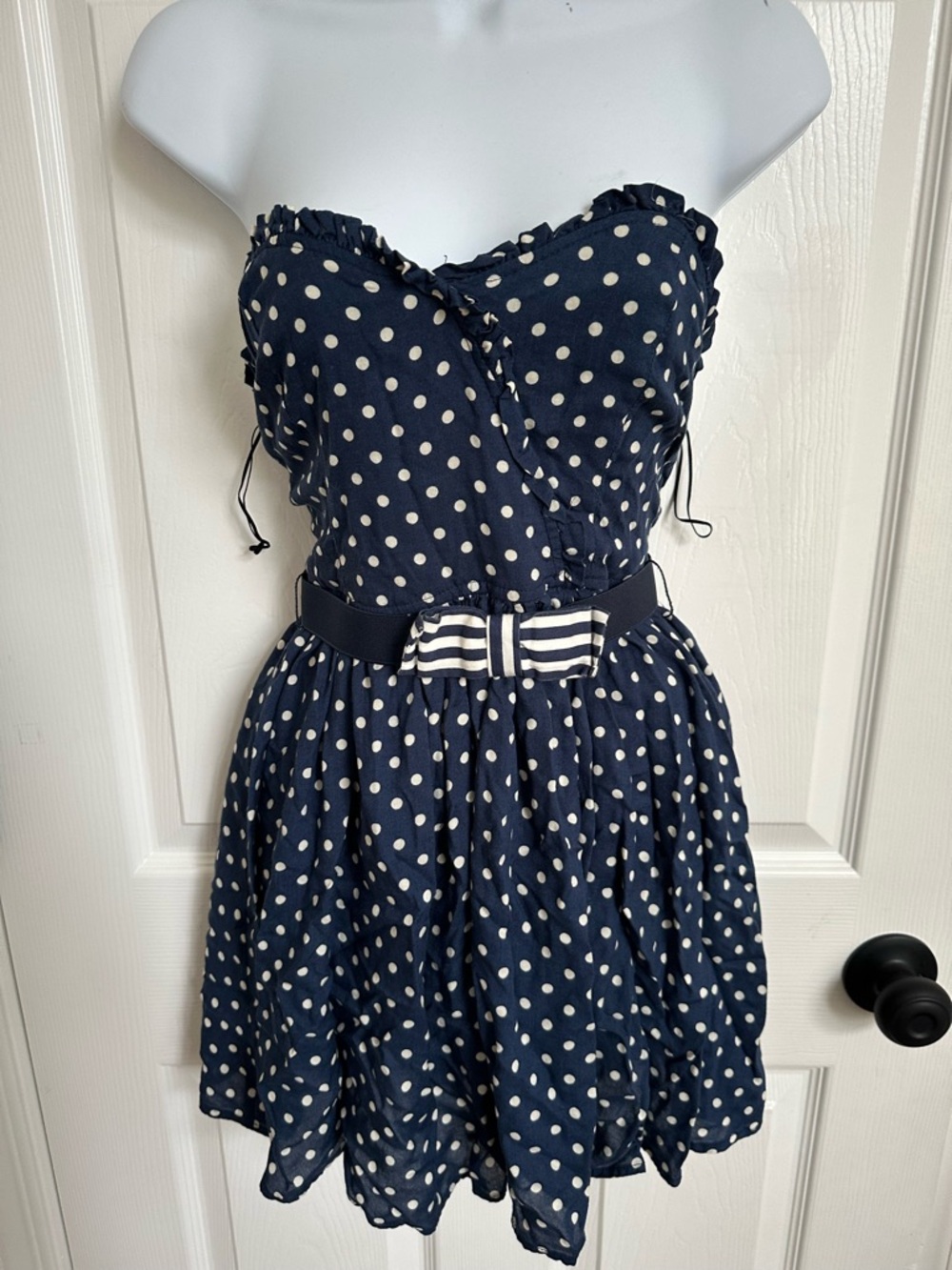 Zara Navy and White Polka Dot Strapless Dress with Bow Belt